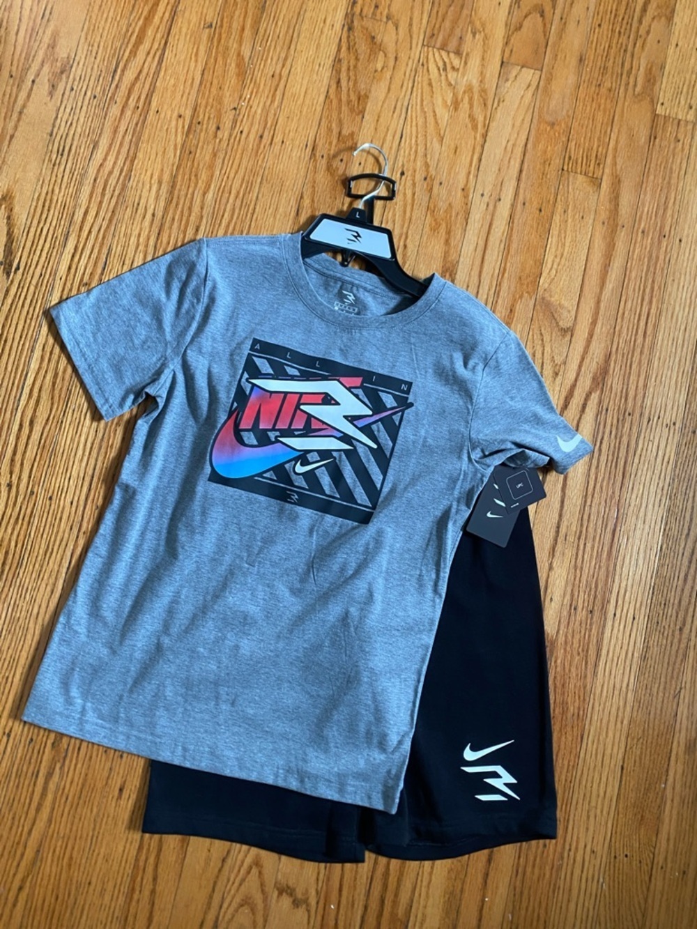 Nike Gray Short-Sleeve Graphic Tee with Black Athletic Shorts